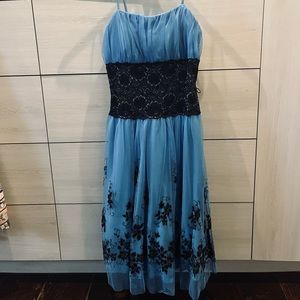 Bright blue and black with silver detail knee length dress with spaghetti straps